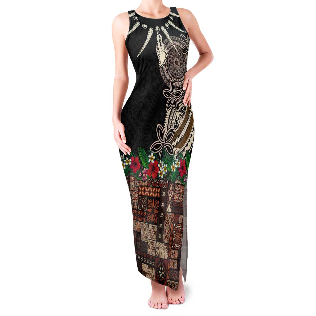Samoa Siapo Polynesian Art Tank Maxi Dress Tropical Flowers and Tatau Pattern Brown