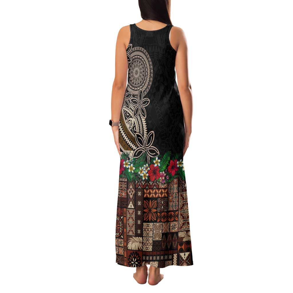 Samoa Siapo Polynesian Art Tank Maxi Dress Tropical Flowers and Tatau Pattern Brown
