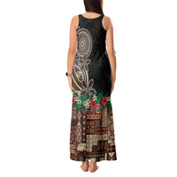 Samoa Siapo Polynesian Art Tank Maxi Dress Tropical Flowers and Tatau Pattern Brown