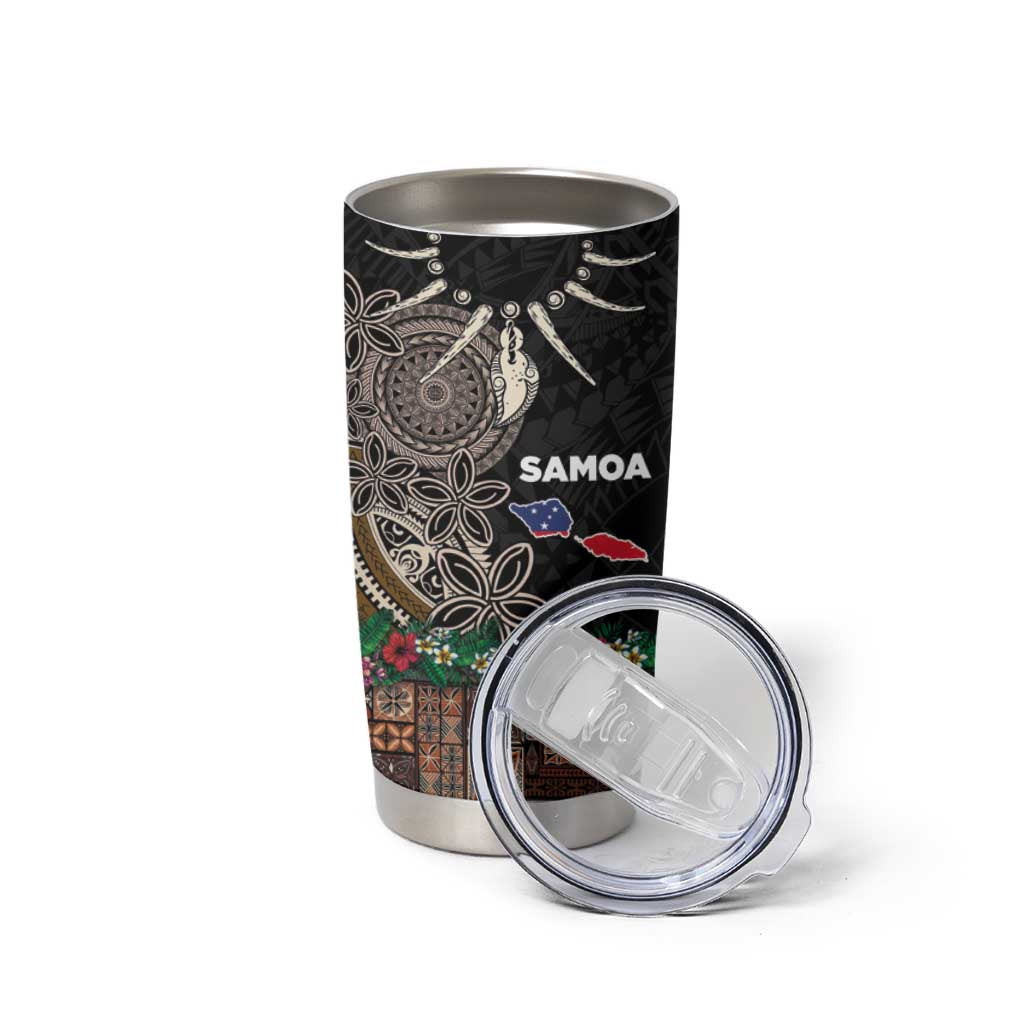 Samoa Siapo Polynesian Art Tumbler Cup Tropical Flowers and Tatau Pattern Brown