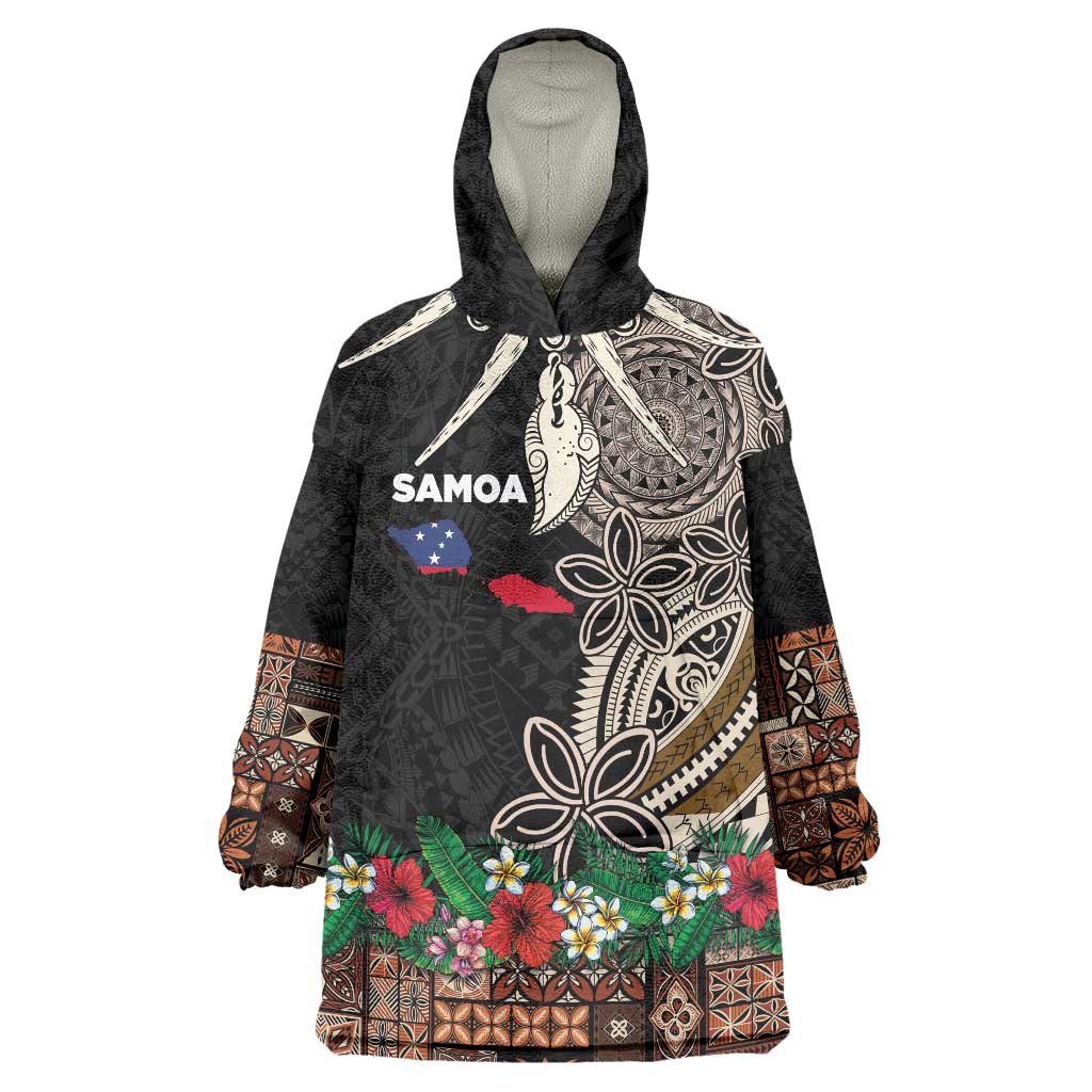 Samoa Siapo Polynesian Art Wearable Blanket Hoodie Tropical Flowers and Tatau Pattern Brown LT03 One Size Brown - Polynesian Pride