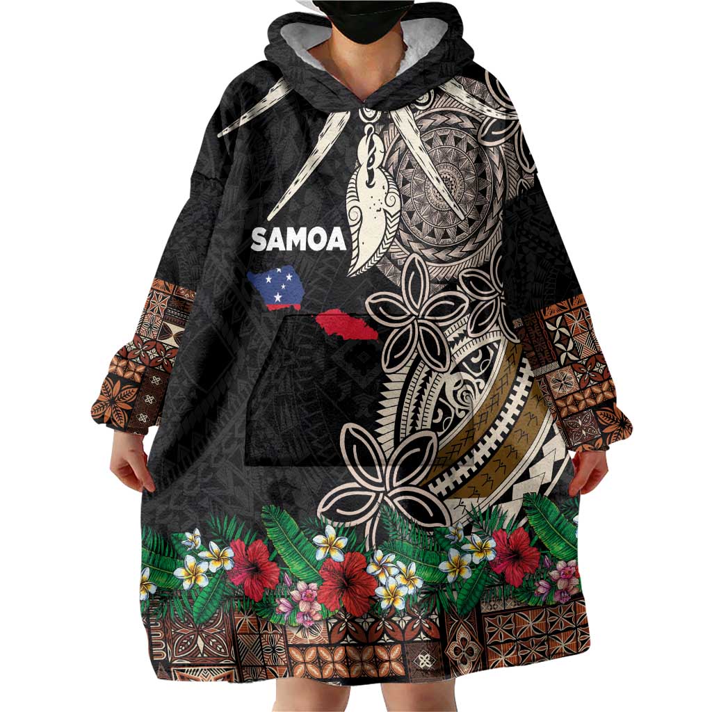 Samoa Siapo Polynesian Art Wearable Blanket Hoodie Tropical Flowers and Tatau Pattern Brown LT03 - Polynesian Pride