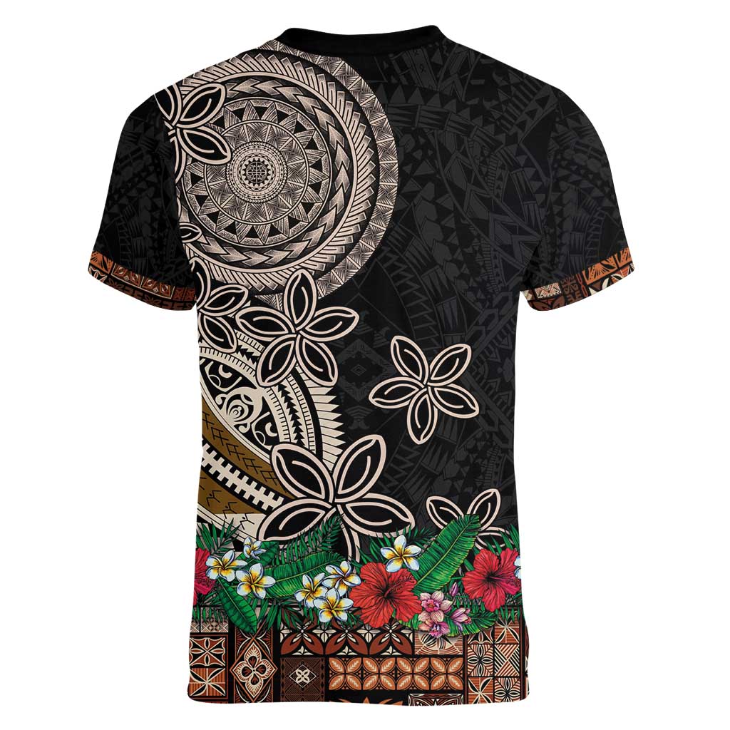 Samoa Siapo Polynesian Art Women V-Neck T-Shirt Tropical Flowers and Tatau Pattern Brown