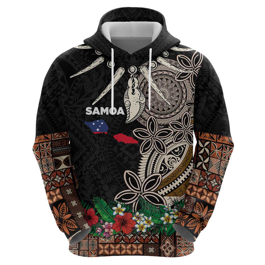 Samoa Siapo Polynesian Art Zip Hoodie Tropical Flowers and Tatau Pattern Brown