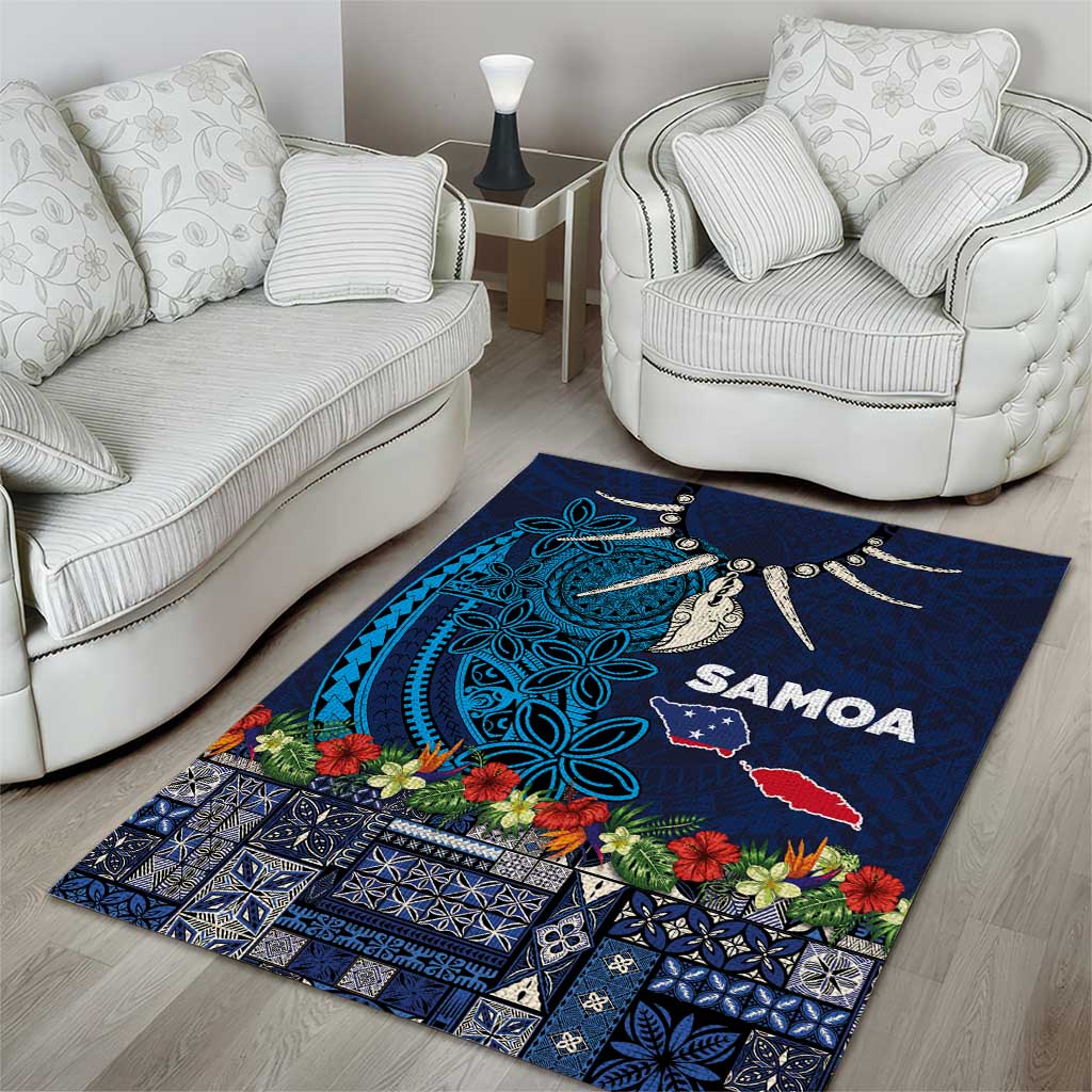 Samoa Siapo Polynesian Art Area Rug Tropical Flowers and Tatau Pattern Navy