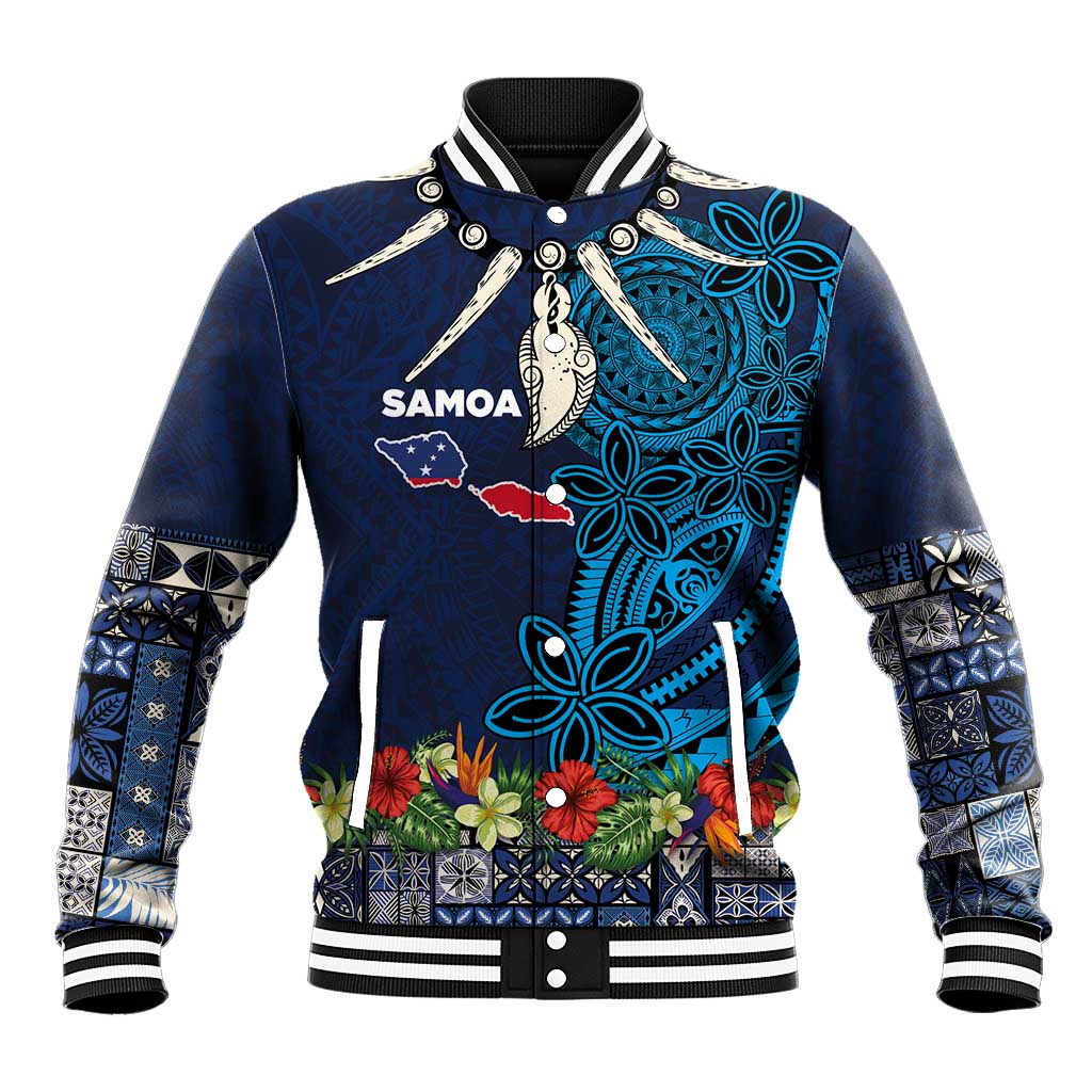 Samoa Siapo Polynesian Art Baseball Jacket Tropical Flowers and Tatau Pattern Navy LT03 Unisex Navy - Polynesian Pride