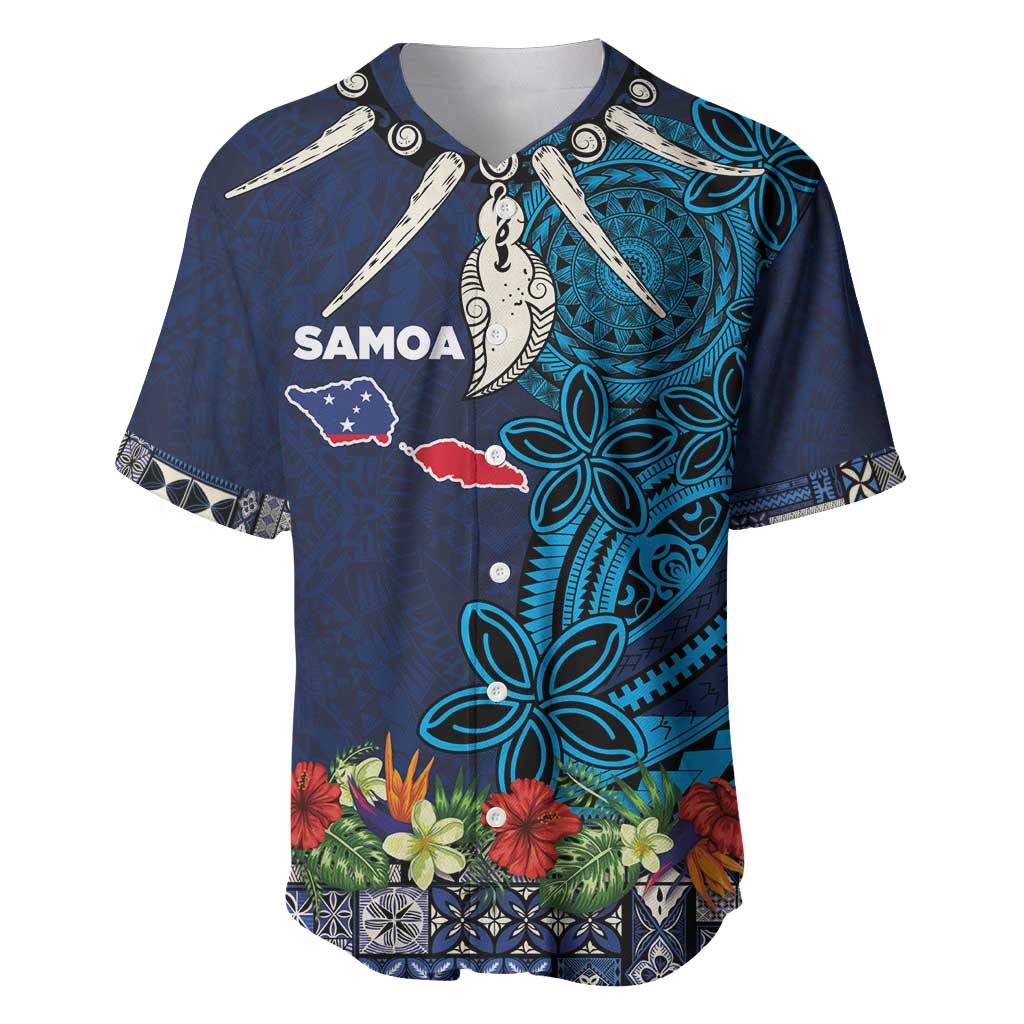 Samoa Siapo Polynesian Art Baseball Jersey Tropical Flowers and Tatau Pattern Navy