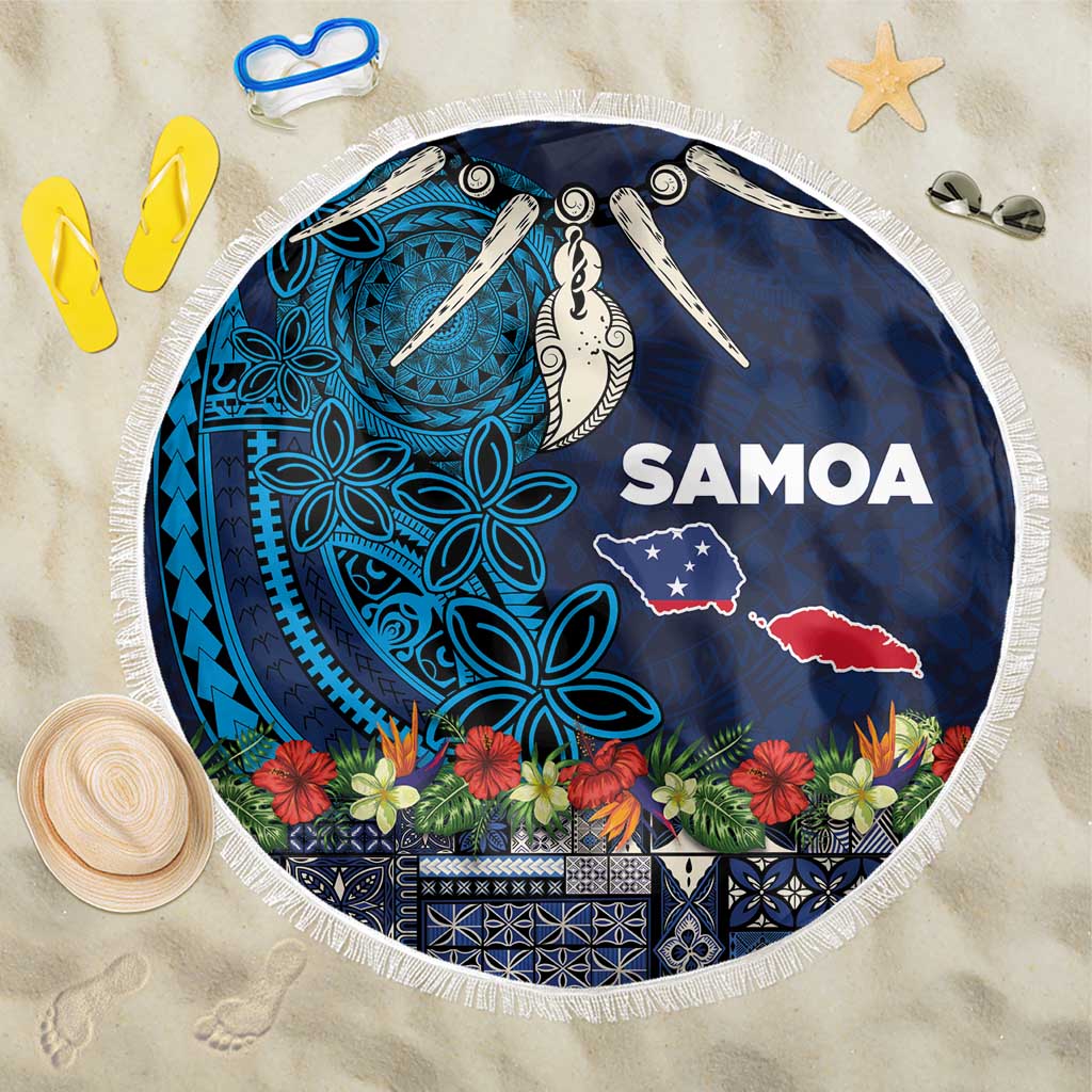 Samoa Siapo Polynesian Art Beach Blanket Tropical Flowers and Tatau Pattern Navy LT03 One Size 150cm Navy - Polynesian Pride