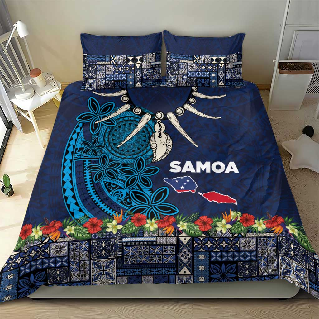 Samoa Siapo Polynesian Art Bedding Set Tropical Flowers and Tatau Pattern Navy