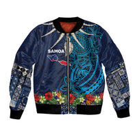 Samoa Siapo Polynesian Art Bomber Jacket Tropical Flowers and Tatau Pattern Navy