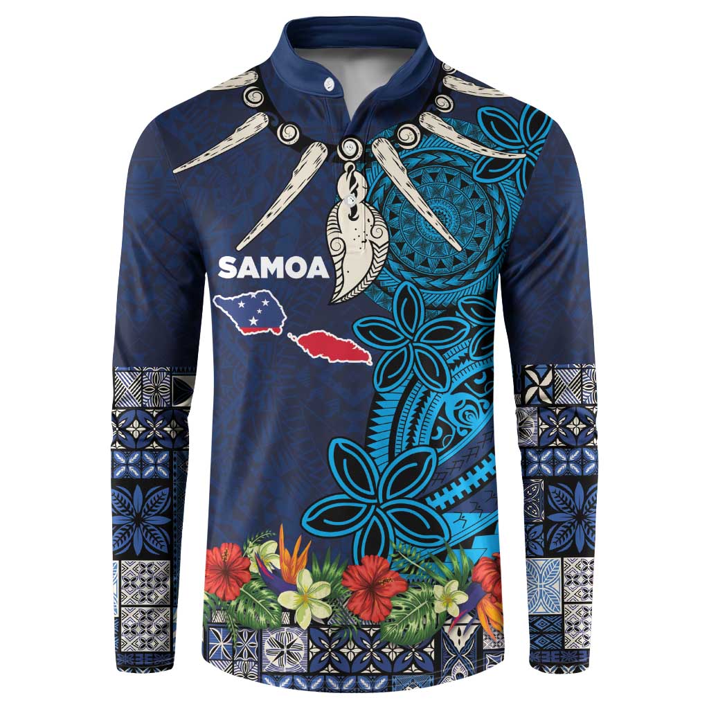 Samoa Siapo Polynesian Art Button Sweatshirt Tropical Flowers and Tatau Pattern Navy LT03 Navy - Polynesian Pride