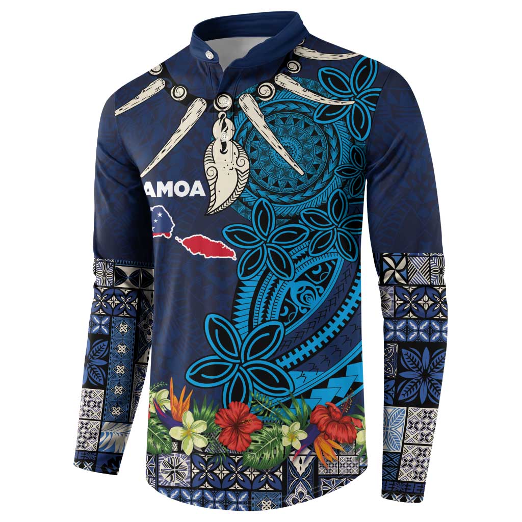 Samoa Siapo Polynesian Art Button Sweatshirt Tropical Flowers and Tatau Pattern Navy LT03 - Polynesian Pride
