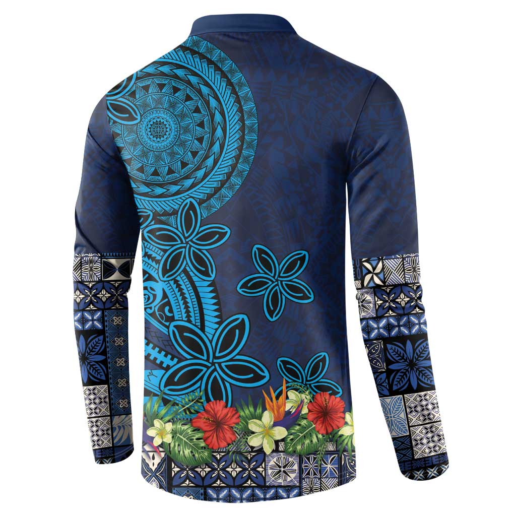 Samoa Siapo Polynesian Art Button Sweatshirt Tropical Flowers and Tatau Pattern Navy LT03 - Polynesian Pride