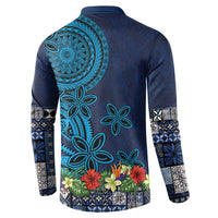 Samoa Siapo Polynesian Art Button Sweatshirt Tropical Flowers and Tatau Pattern Navy LT03 - Polynesian Pride