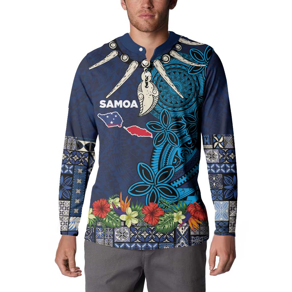 Samoa Siapo Polynesian Art Button Sweatshirt Tropical Flowers and Tatau Pattern Navy LT03 - Polynesian Pride