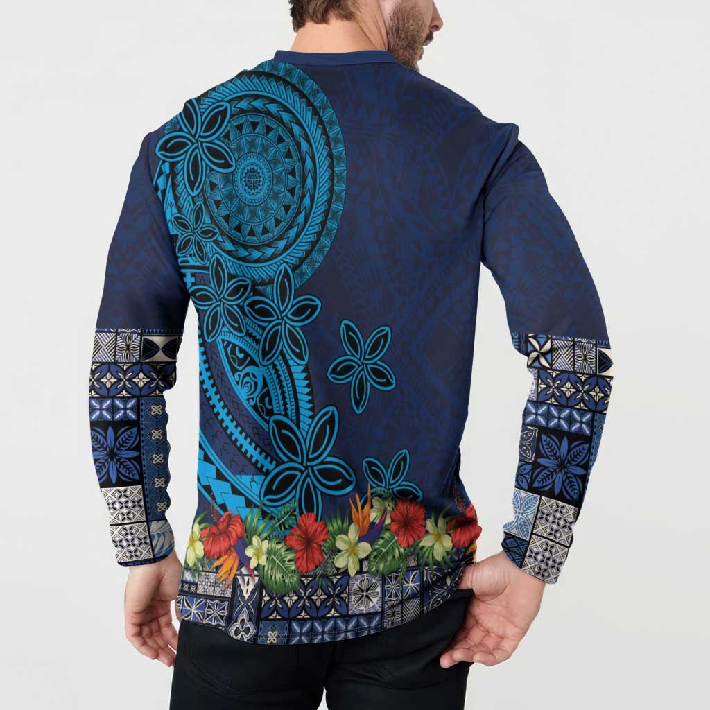 Samoa Siapo Polynesian Art Button Sweatshirt Tropical Flowers and Tatau Pattern Navy LT03 - Polynesian Pride