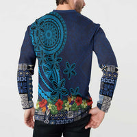 Samoa Siapo Polynesian Art Button Sweatshirt Tropical Flowers and Tatau Pattern Navy LT03 - Polynesian Pride