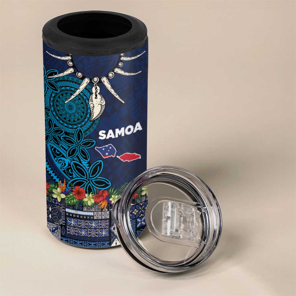 Samoa Siapo Polynesian Art 4 in 1 Can Cooler Tumbler Tropical Flowers and Tatau Pattern Navy LT03 - Polynesian Pride
