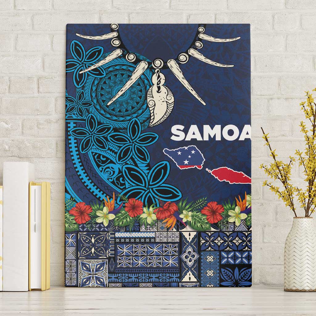 Samoa Siapo Polynesian Art Canvas Wall Art Tropical Flowers and Tatau Pattern Navy LT03 Without Frame Navy - Polynesian Pride
