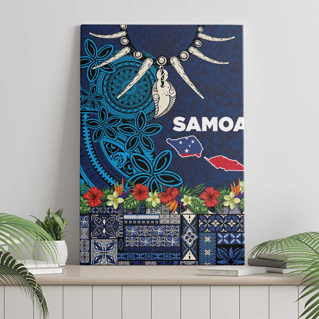 Samoa Siapo Polynesian Art Canvas Wall Art Tropical Flowers and Tatau Pattern Navy LT03 - Polynesian Pride