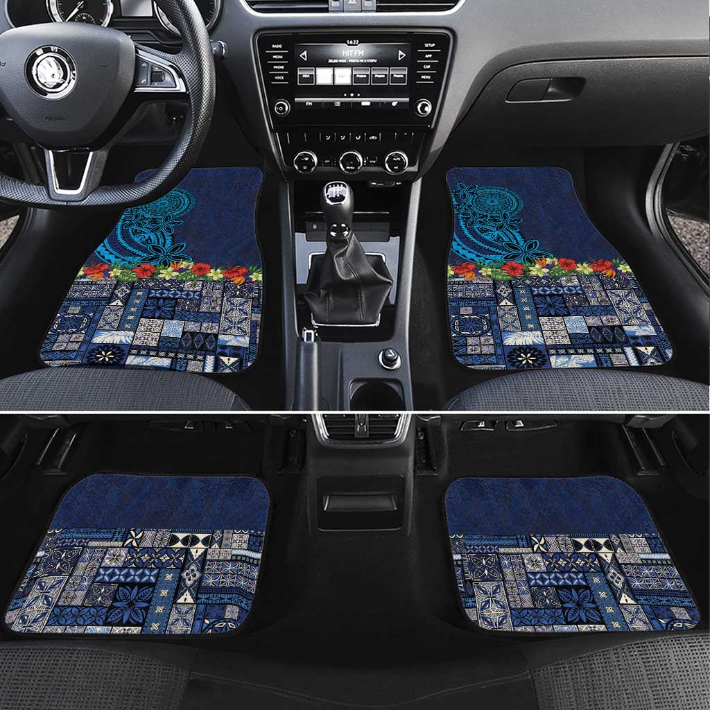 Samoa Siapo Polynesian Art Car Mats Tropical Flowers and Tatau Pattern Navy LT03 Set 4pcs Navy - Polynesian Pride