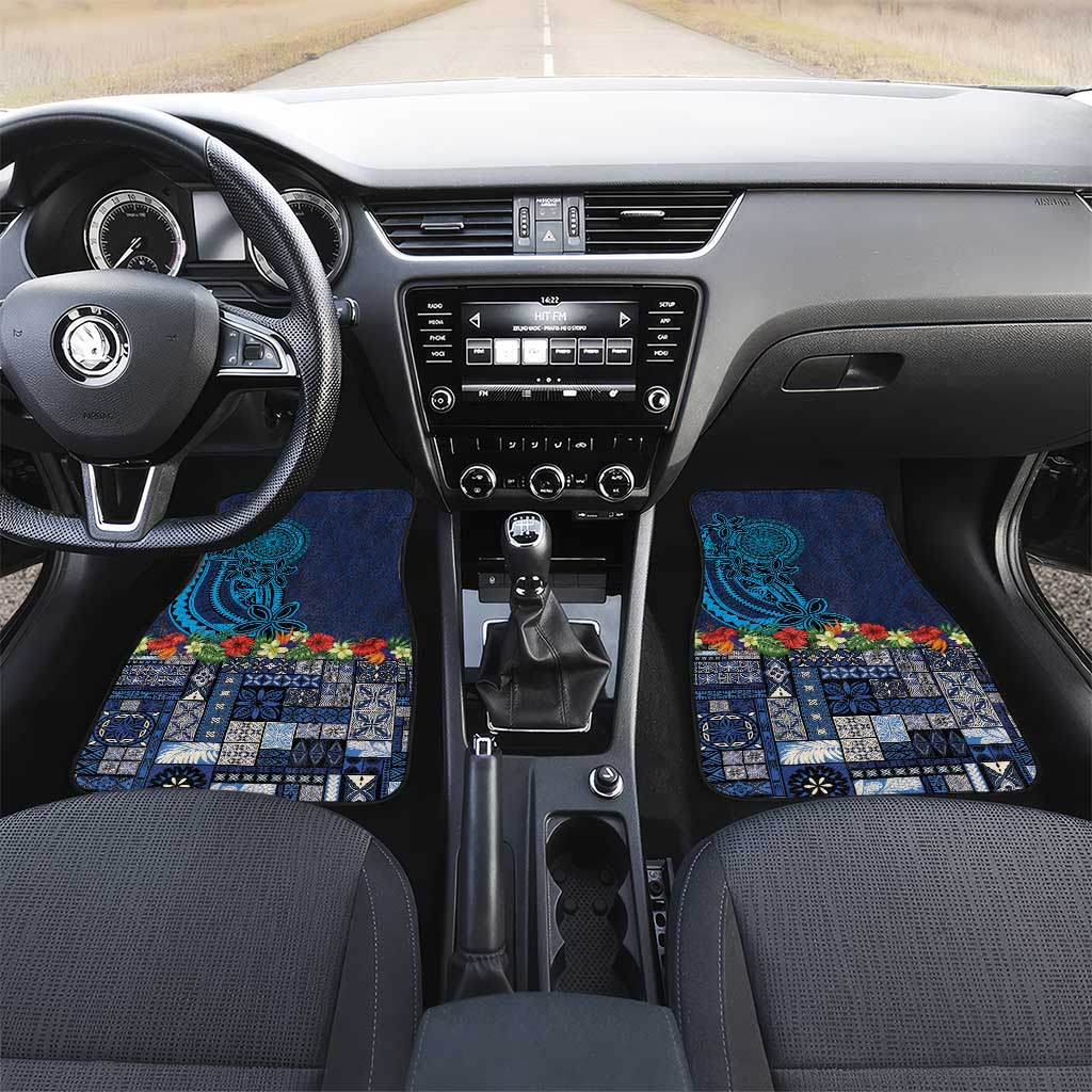 Samoa Siapo Polynesian Art Car Mats Tropical Flowers and Tatau Pattern Navy LT03 Set 2pcs - Front Navy - Polynesian Pride