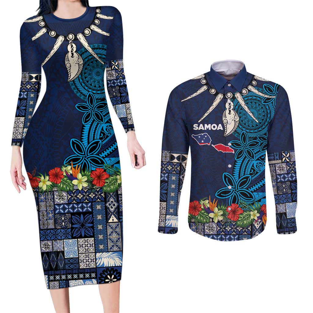 Samoa Siapo Polynesian Art Couples Matching Long Sleeve Bodycon Dress and Long Sleeve Button Shirt Tropical Flowers and Tatau Pattern Navy LT03 Navy - Polynesian Pride
