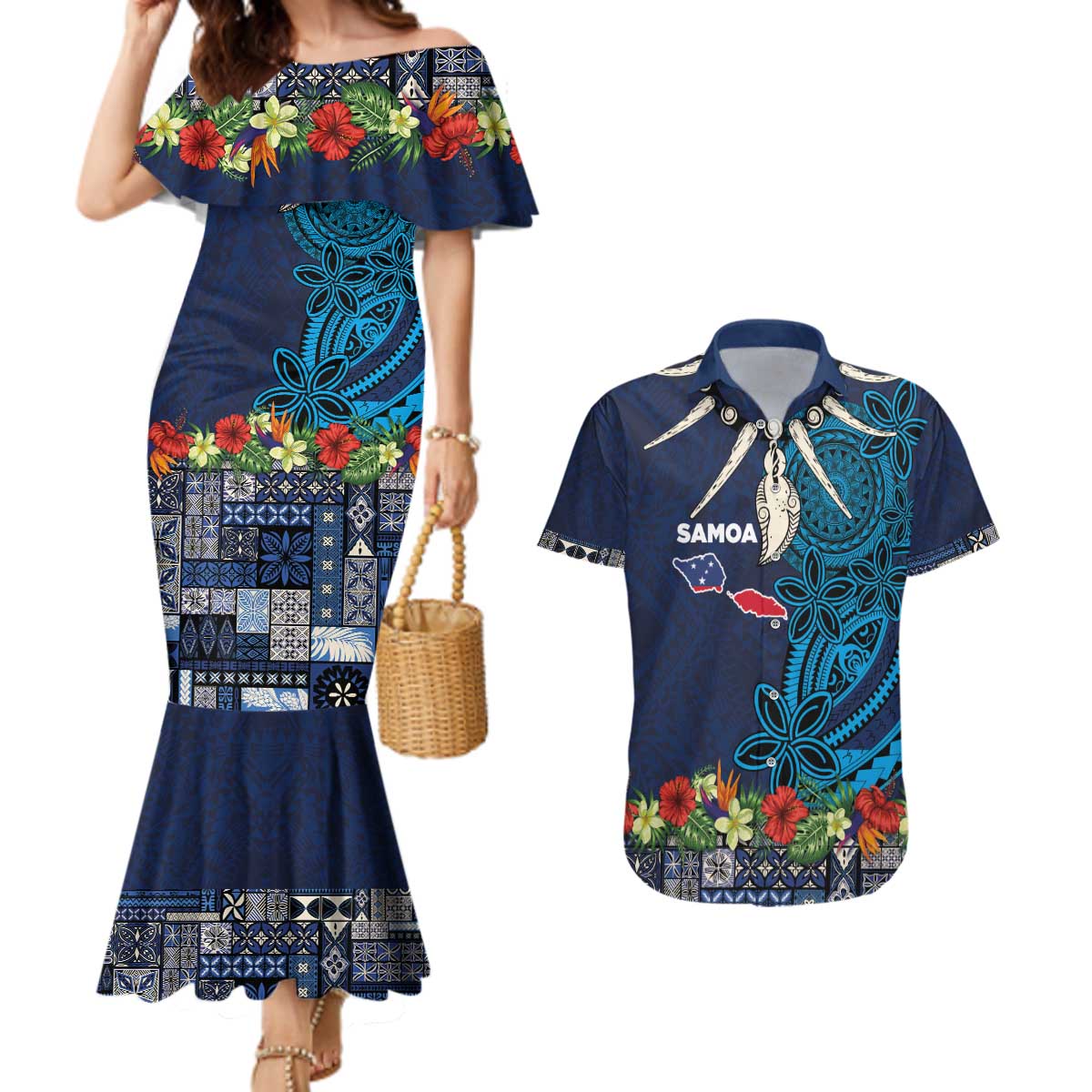 Samoa Siapo Polynesian Art Couples Matching Mermaid Dress and Hawaiian Shirt Tropical Flowers and Tatau Pattern Navy LT03 Navy - Polynesian Pride