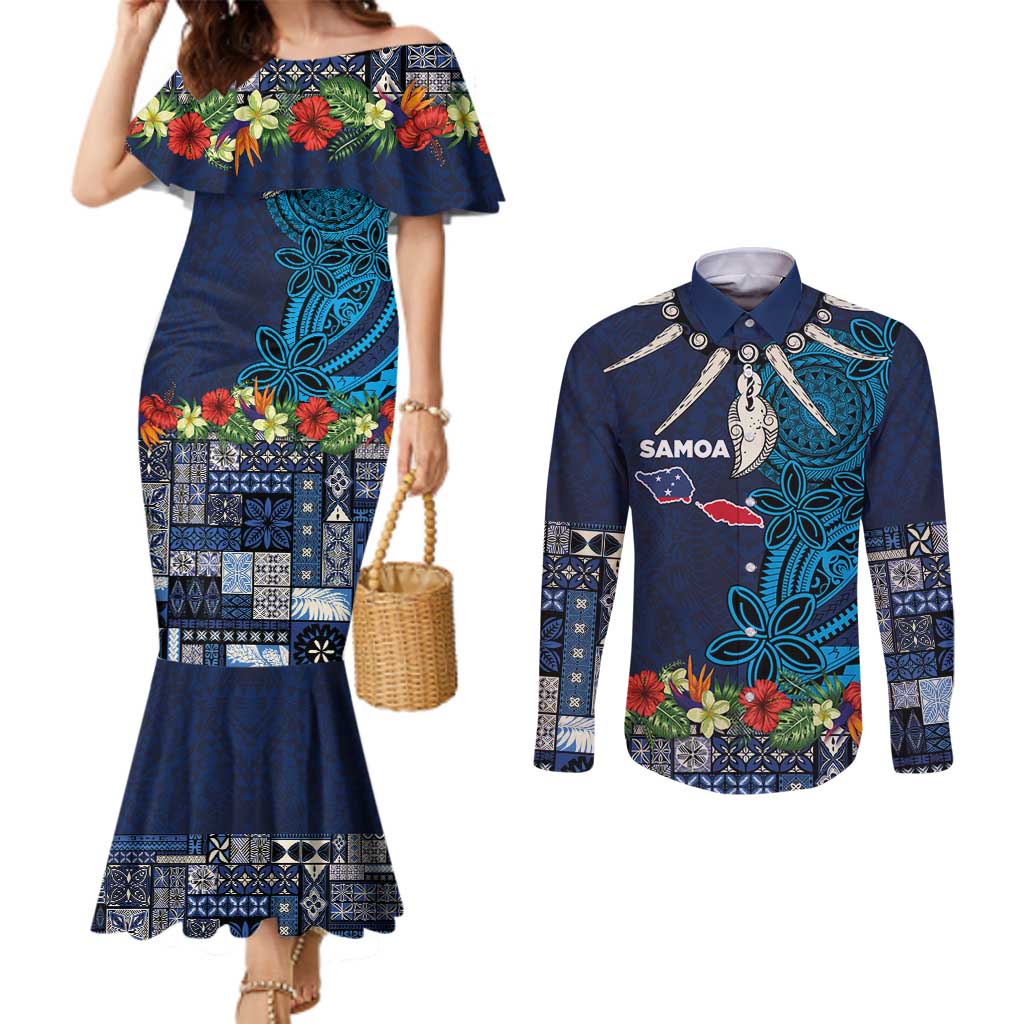 Samoa Siapo Polynesian Art Couples Matching Mermaid Dress and Long Sleeve Button Shirt Tropical Flowers and Tatau Pattern Navy LT03 Navy - Polynesian Pride