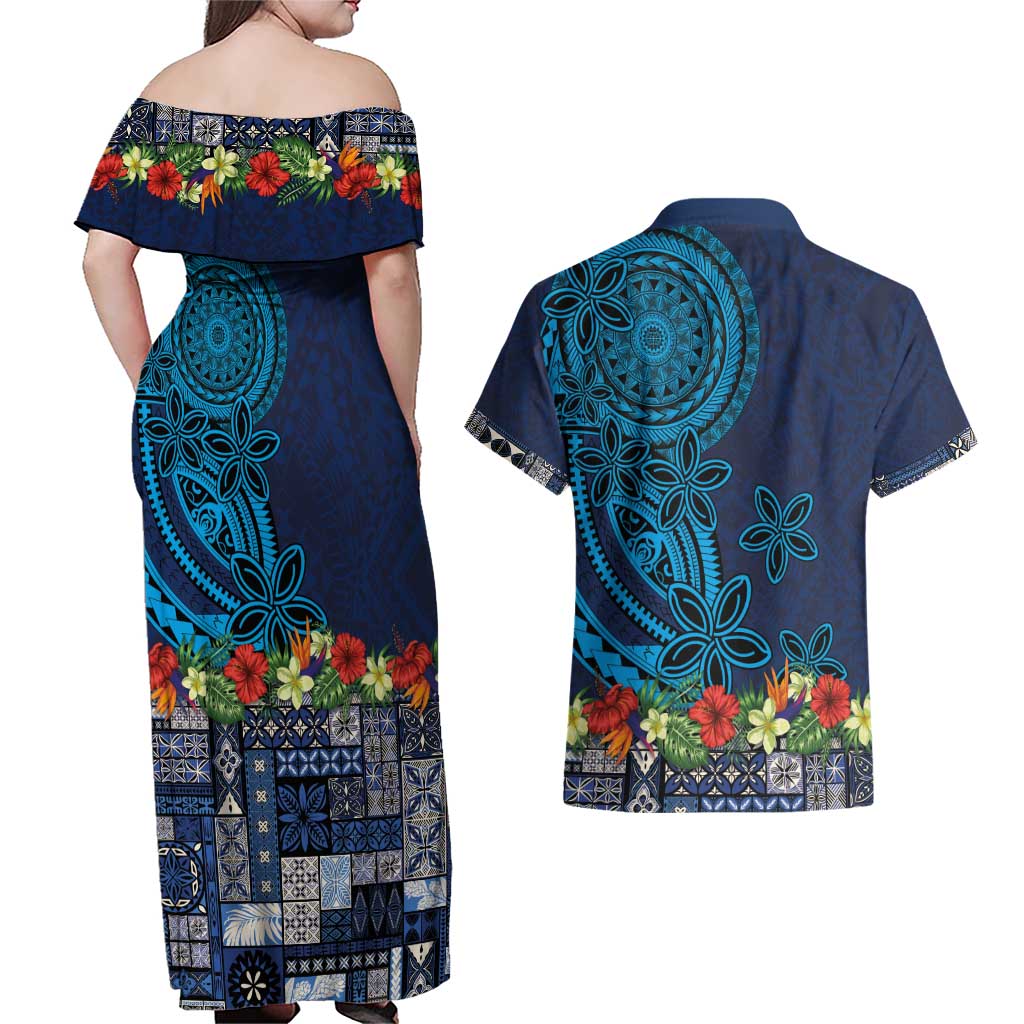 Samoa Siapo Polynesian Art Couples Matching Off Shoulder Maxi Dress and Hawaiian Shirt Tropical Flowers and Tatau Pattern Navy