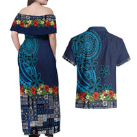 Samoa Siapo Polynesian Art Couples Matching Off Shoulder Maxi Dress and Hawaiian Shirt Tropical Flowers and Tatau Pattern Navy
