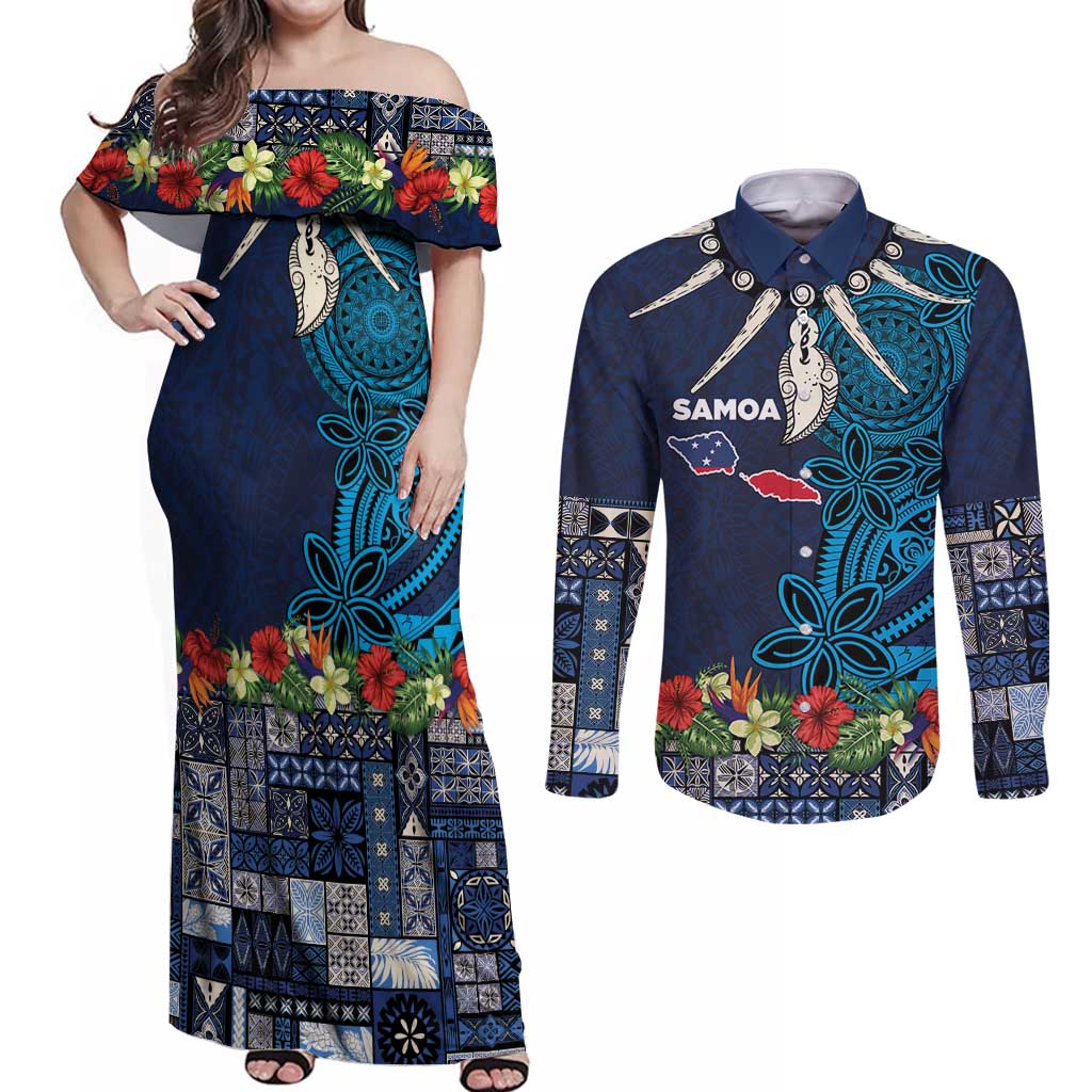 Samoa Siapo Polynesian Art Couples Matching Off Shoulder Maxi Dress and Long Sleeve Button Shirt Tropical Flowers and Tatau Pattern Navy LT03 Navy - Polynesian Pride