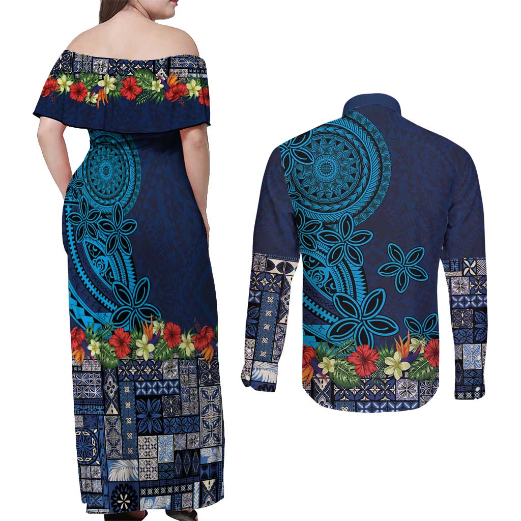 Samoa Siapo Polynesian Art Couples Matching Off Shoulder Maxi Dress and Long Sleeve Button Shirt Tropical Flowers and Tatau Pattern Navy LT03 - Polynesian Pride