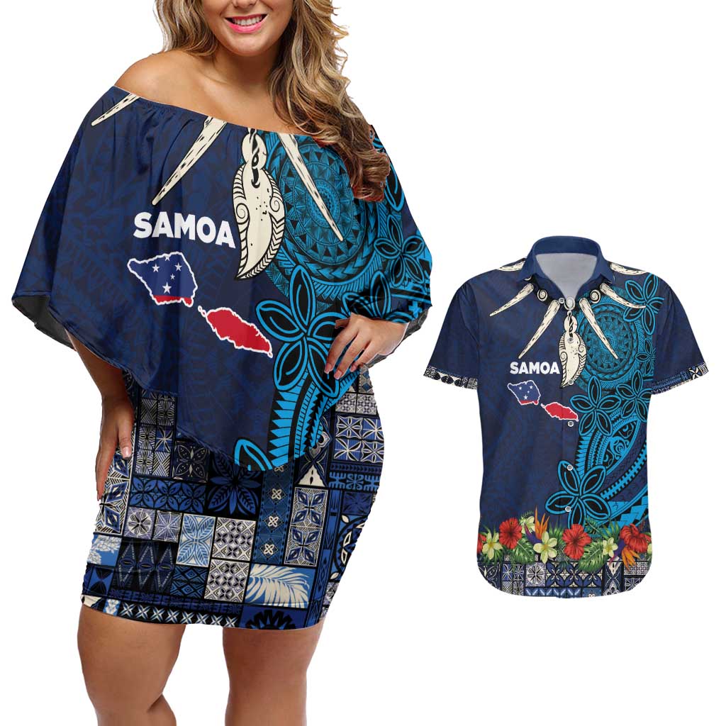Samoa Siapo Polynesian Art Couples Matching Off Shoulder Short Dress and Hawaiian Shirt Tropical Flowers and Tatau Pattern Navy LT03 Navy - Polynesian Pride