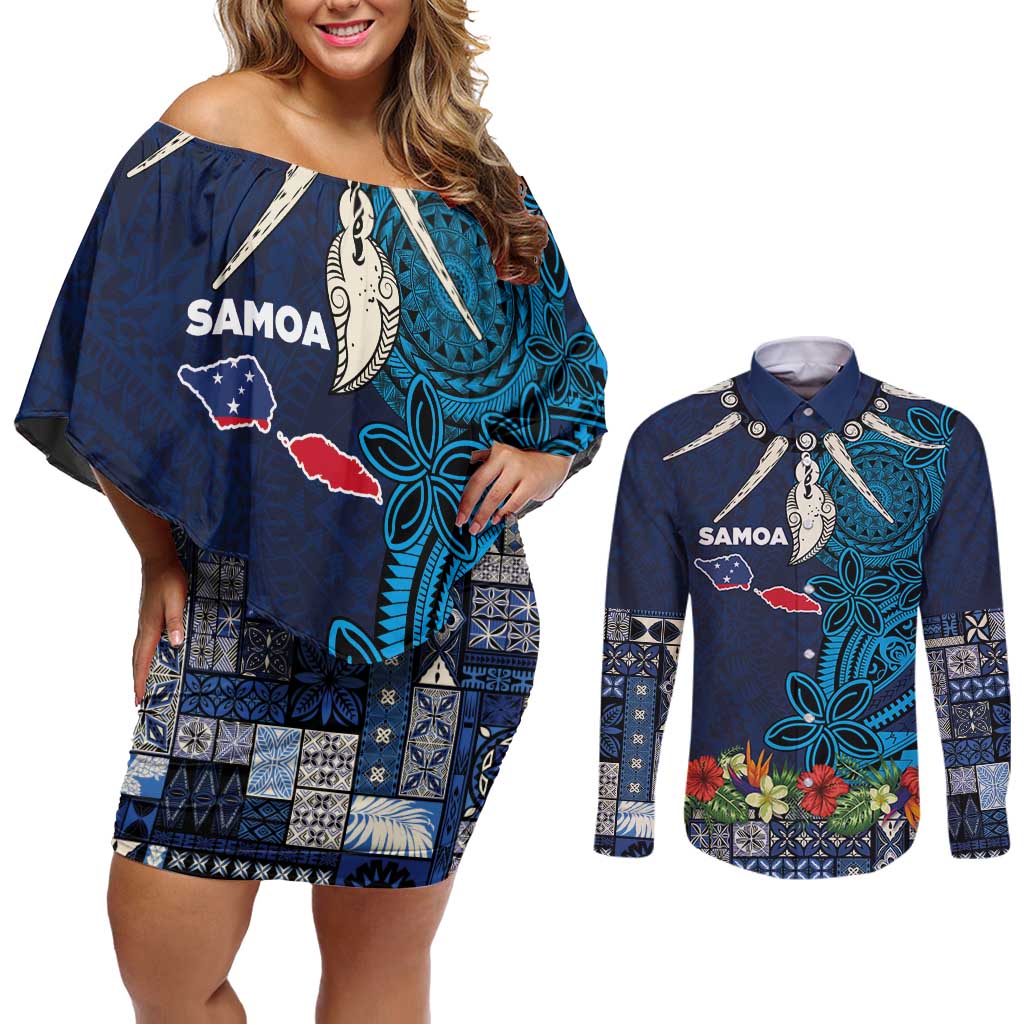 Samoa Siapo Polynesian Art Couples Matching Off Shoulder Short Dress and Long Sleeve Button Shirt Tropical Flowers and Tatau Pattern Navy LT03 Navy - Polynesian Pride