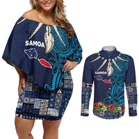 Samoa Siapo Polynesian Art Couples Matching Off Shoulder Short Dress and Long Sleeve Button Shirt Tropical Flowers and Tatau Pattern Navy LT03 Navy - Polynesian Pride