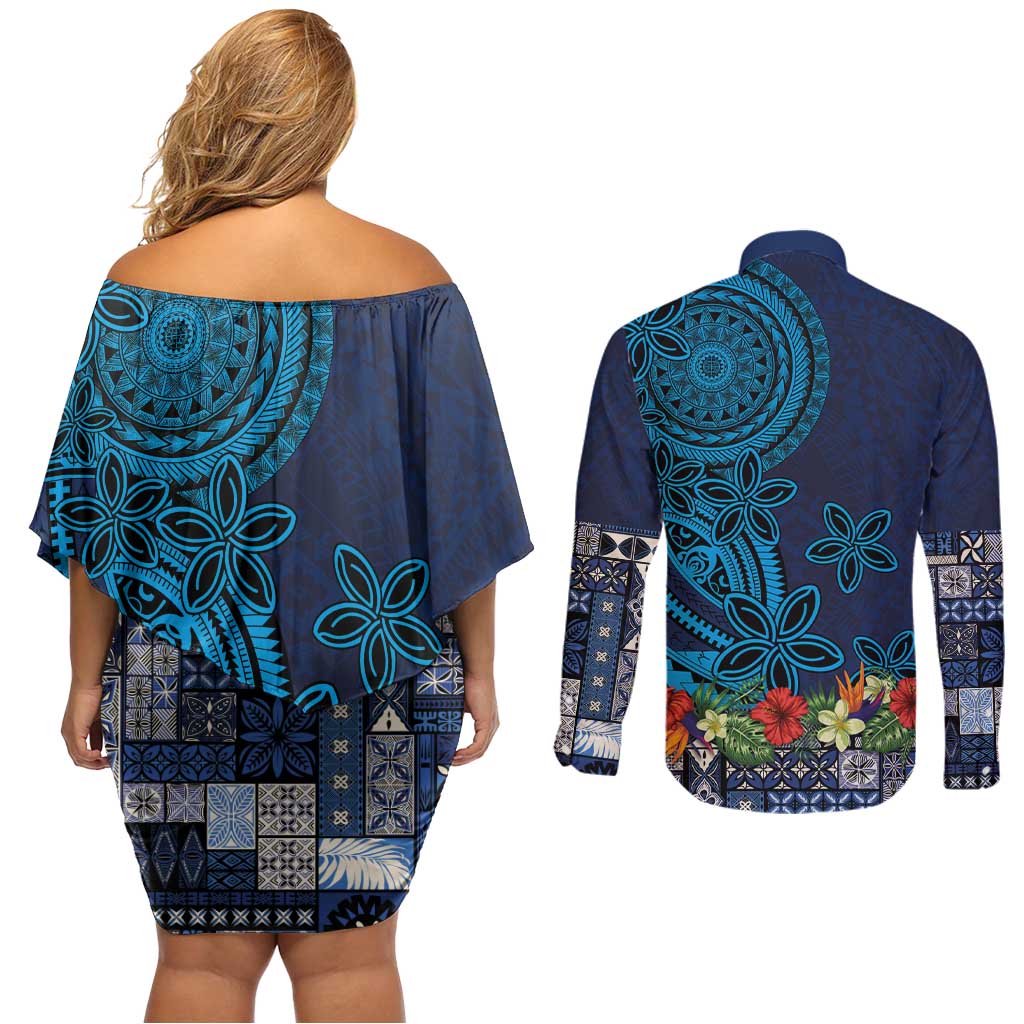 Samoa Siapo Polynesian Art Couples Matching Off Shoulder Short Dress and Long Sleeve Button Shirt Tropical Flowers and Tatau Pattern Navy LT03 - Polynesian Pride