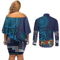 Samoa Siapo Polynesian Art Couples Matching Off Shoulder Short Dress and Long Sleeve Button Shirt Tropical Flowers and Tatau Pattern Navy LT03 - Polynesian Pride