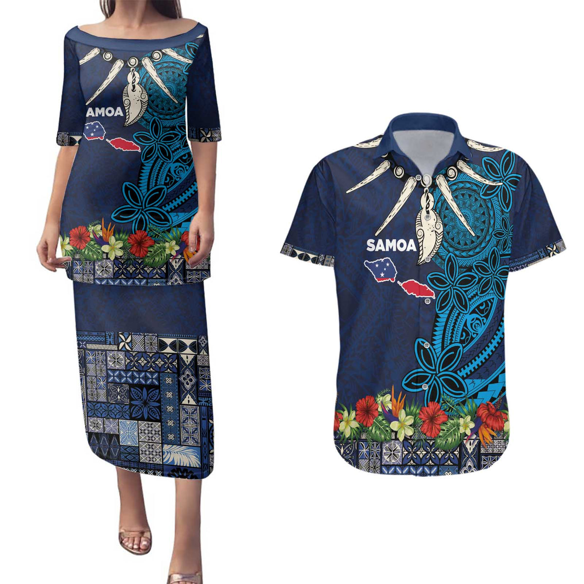 Samoa Siapo Polynesian Art Couples Matching Puletasi and Hawaiian Shirt Tropical Flowers and Tatau Pattern Navy LT03 Navy - Polynesian Pride