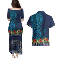 Samoa Siapo Polynesian Art Couples Matching Puletasi and Hawaiian Shirt Tropical Flowers and Tatau Pattern Navy LT03 - Polynesian Pride