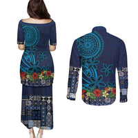 Samoa Siapo Polynesian Art Couples Matching Puletasi and Long Sleeve Button Shirt Tropical Flowers and Tatau Pattern Navy LT03 - Polynesian Pride