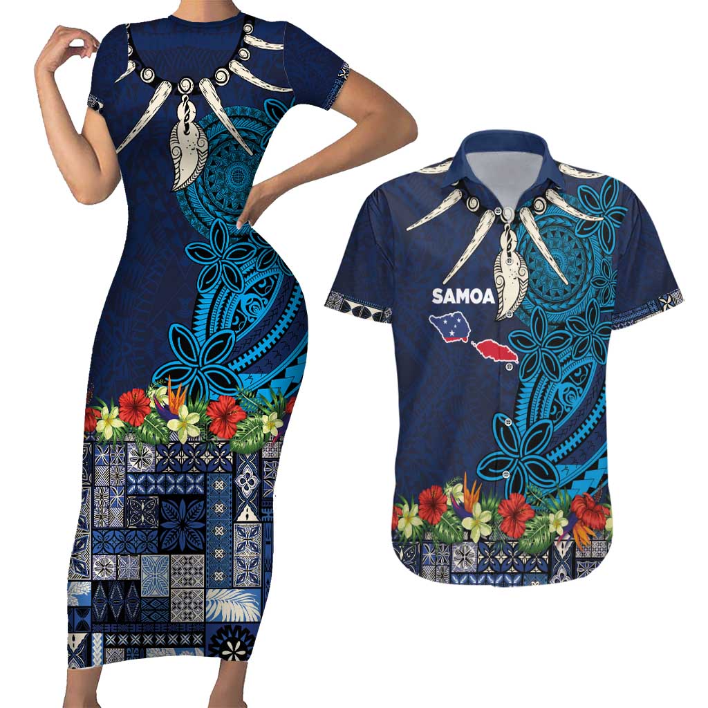 Samoa Siapo Polynesian Art Couples Matching Short Sleeve Bodycon Dress and Hawaiian Shirt Tropical Flowers and Tatau Pattern Navy LT03 Navy - Polynesian Pride