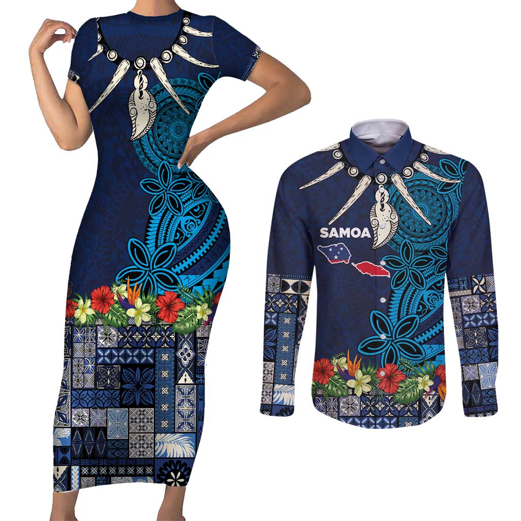 Samoa Siapo Polynesian Art Couples Matching Short Sleeve Bodycon Dress and Long Sleeve Button Shirt Tropical Flowers and Tatau Pattern Navy LT03 Navy - Polynesian Pride