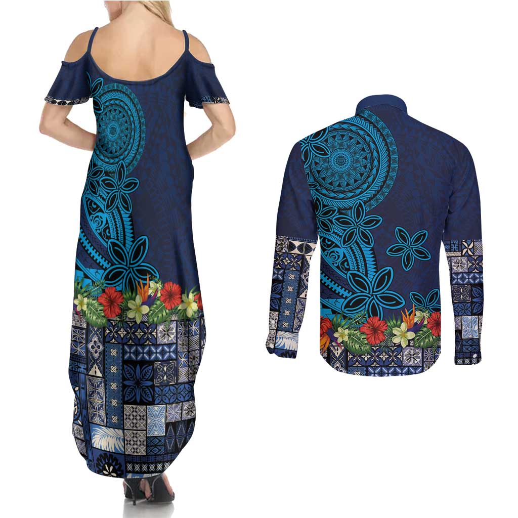 Samoa Siapo Polynesian Art Couples Matching Summer Maxi Dress and Long Sleeve Button Shirt Tropical Flowers and Tatau Pattern Navy LT03 - Polynesian Pride