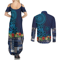 Samoa Siapo Polynesian Art Couples Matching Summer Maxi Dress and Long Sleeve Button Shirt Tropical Flowers and Tatau Pattern Navy LT03 - Polynesian Pride