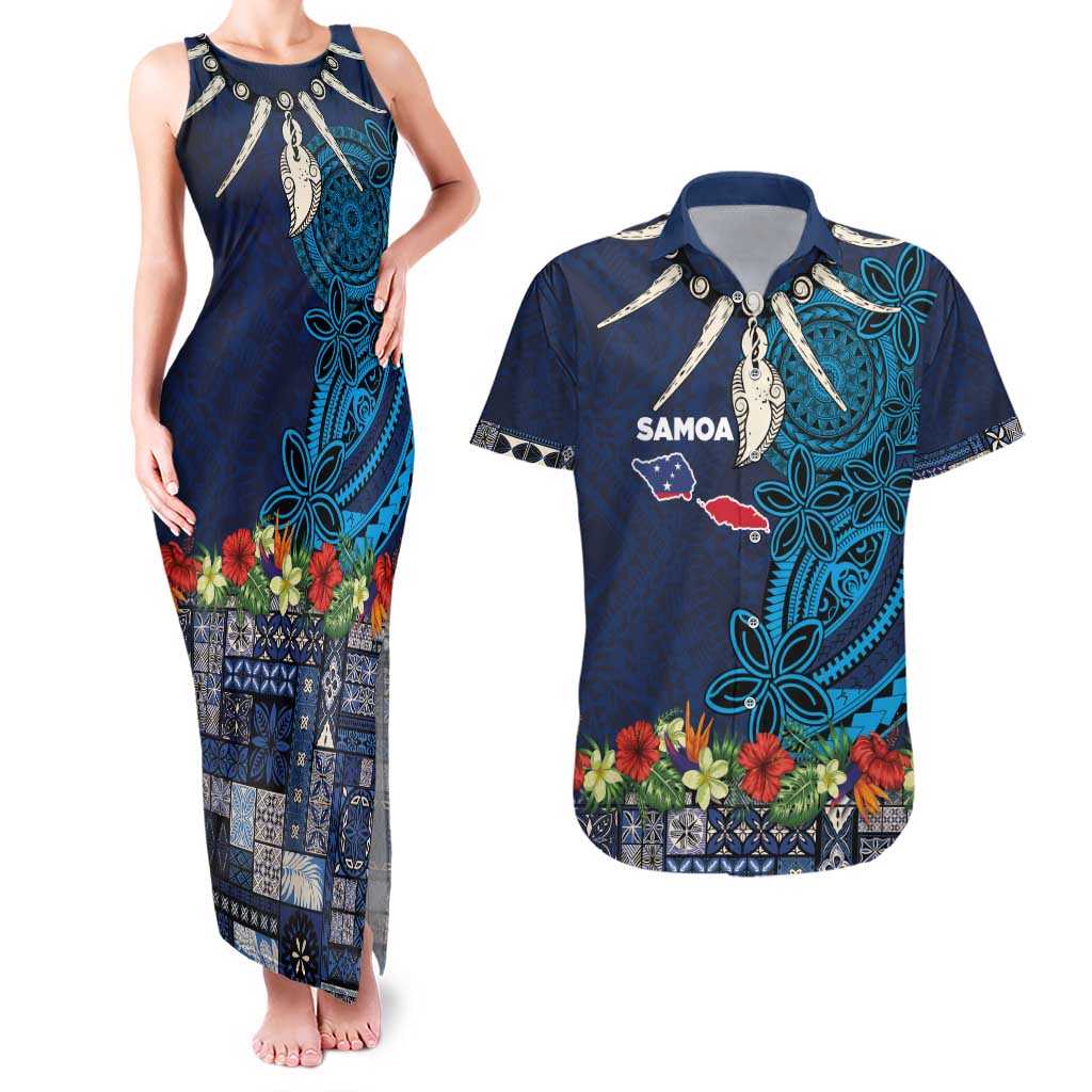 Samoa Siapo Polynesian Art Couples Matching Tank Maxi Dress and Hawaiian Shirt Tropical Flowers and Tatau Pattern Navy LT03 Navy - Polynesian Pride