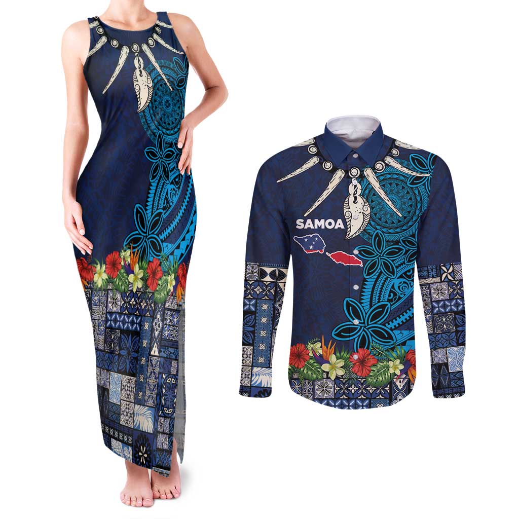 Samoa Siapo Polynesian Art Couples Matching Tank Maxi Dress and Long Sleeve Button Shirt Tropical Flowers and Tatau Pattern Navy LT03 Navy - Polynesian Pride