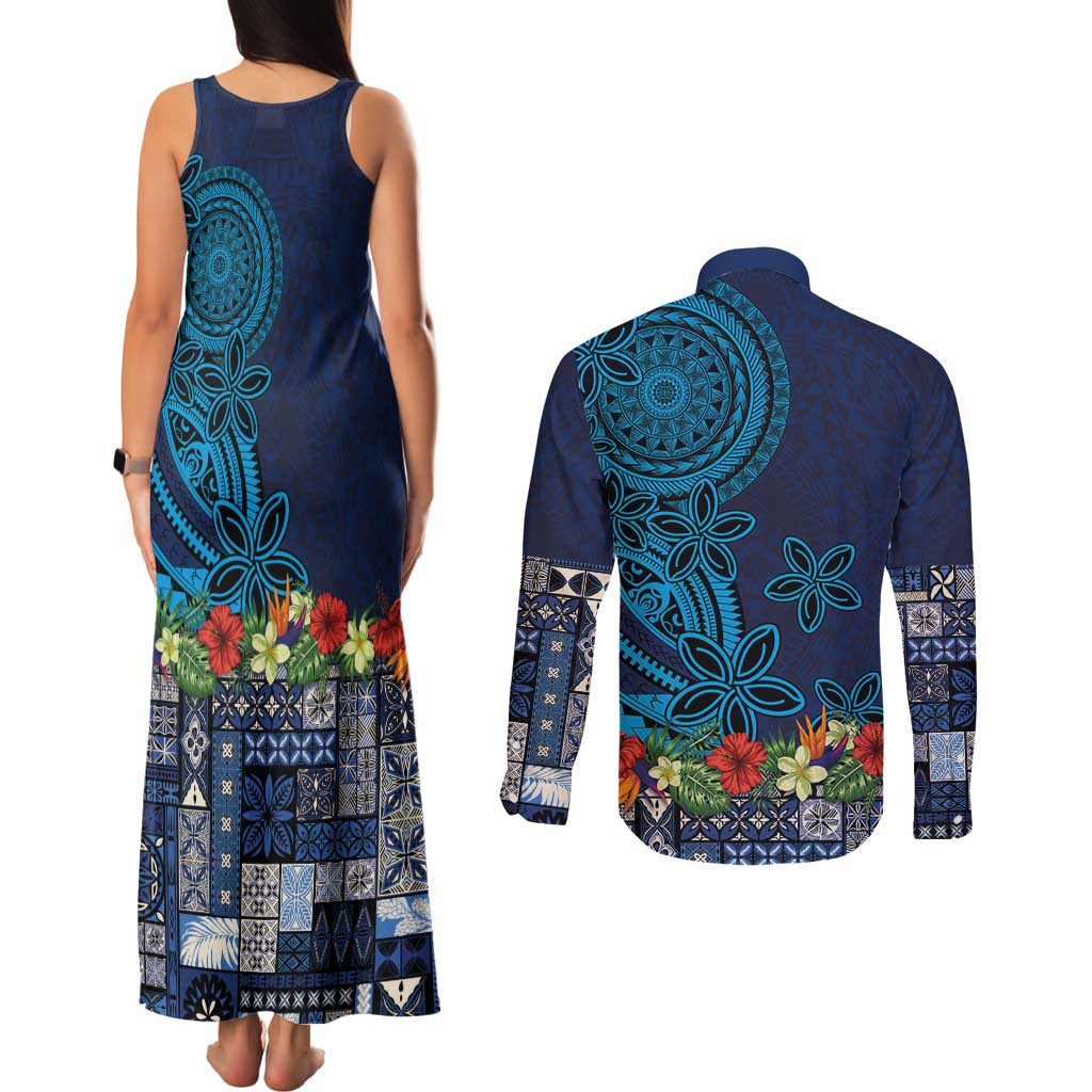 Samoa Siapo Polynesian Art Couples Matching Tank Maxi Dress and Long Sleeve Button Shirt Tropical Flowers and Tatau Pattern Navy LT03 - Polynesian Pride