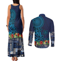 Samoa Siapo Polynesian Art Couples Matching Tank Maxi Dress and Long Sleeve Button Shirt Tropical Flowers and Tatau Pattern Navy LT03 - Polynesian Pride