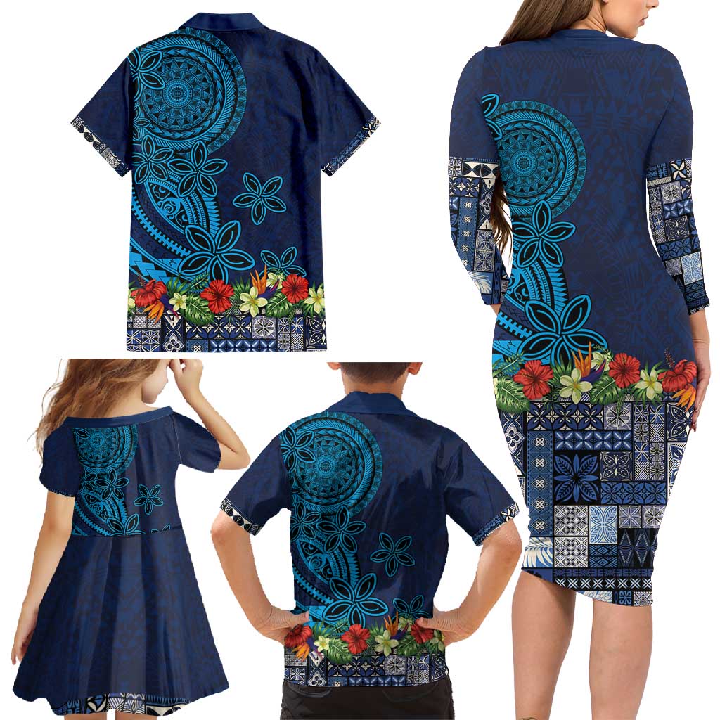 Samoa Siapo Polynesian Art Family Matching Long Sleeve Bodycon Dress and Hawaiian Shirt Tropical Flowers and Tatau Pattern Navy